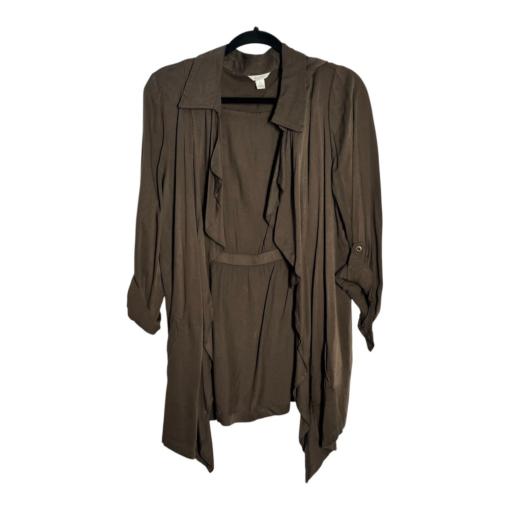 C. Est.‎ 1946 Womens Brown Draped Open Front Roll Tab Sleeve Cardigan Jacket L